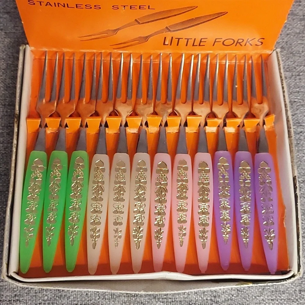 Vintage Stainless Steel Multi-Color Little Forks Set (12)